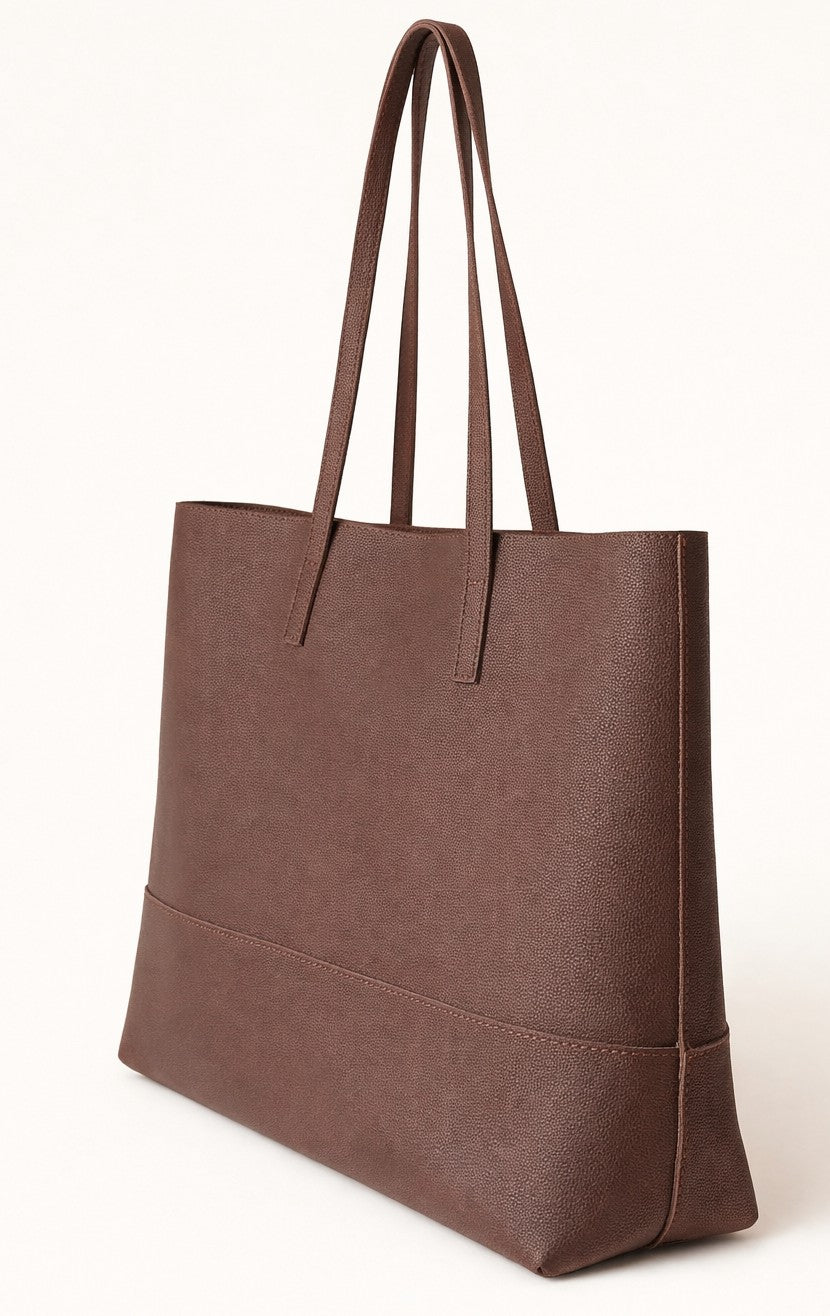 Earth Tote Bag – Handmade Brown Ethiopian Leather, Scandinavian Design – Side View – Qoda
