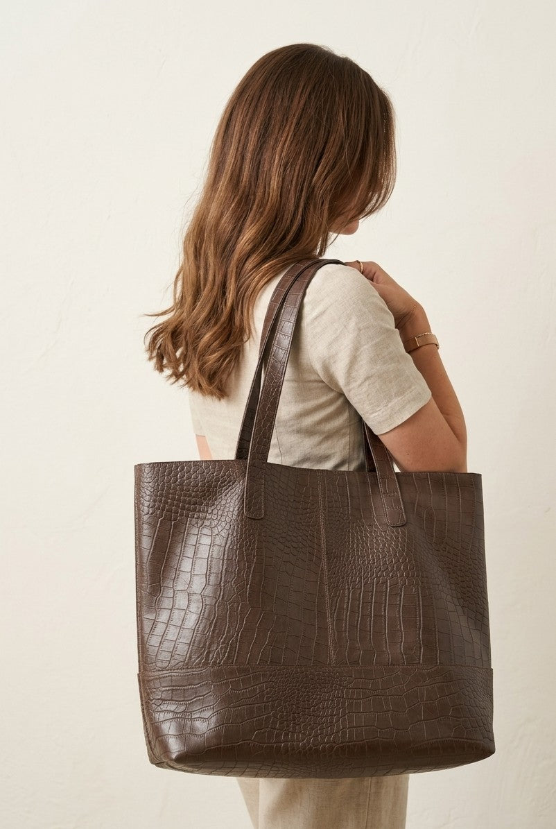 Addis Tote Bag – Handmade Dark Brown Croc-Embossed Ethiopian Leather, Scandinavian Design – Worn Over Shoulder – Qoda
