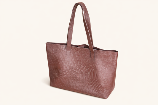 Bethel Tote Bag – Handmade Brown Croc-Embossed Ethiopian Leather, Scandinavian Design – front View – Qoda
