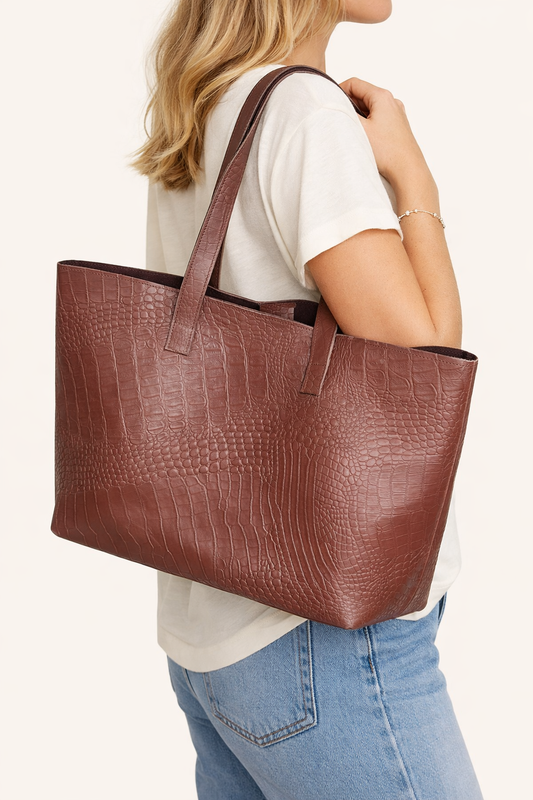 Bethel Tote Bag – Handmade Brown Croc-Embossed Ethiopian Leather, Scandinavian Design – Worn Over Shoulder – Qoda
