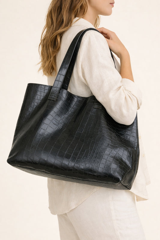 Bethel Tote Bag Black – Handmade Croc-Embossed Ethiopian Leather, Scandinavian Design – Worn Over Shoulder – Qoda
