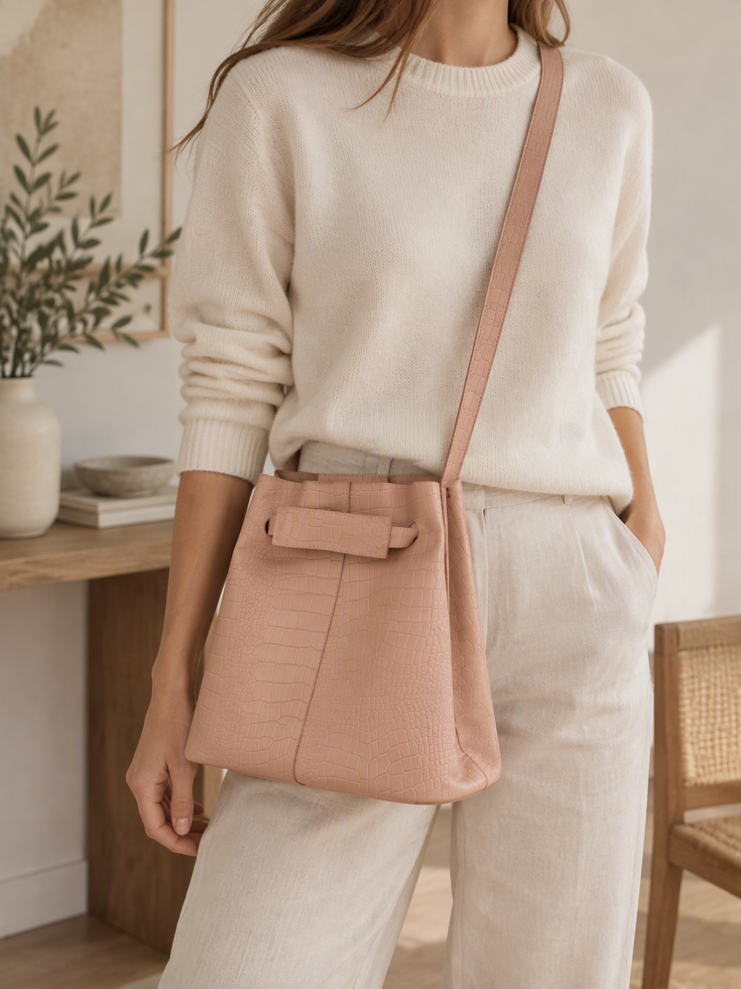 Nazareth Handmade Leather Tote Bag – Croc-Embossed with Extra Pouch | Scandinavian Simplicity