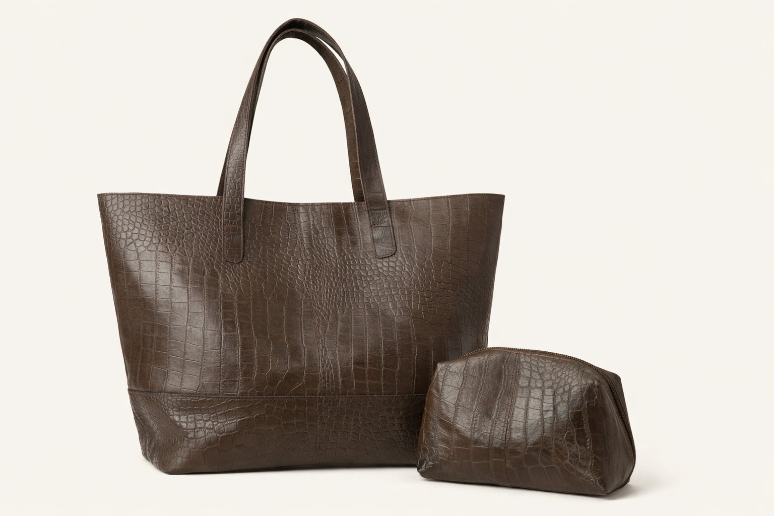 Addis Tote Bag – Handmade Dark Brown Croc-Embossed Ethiopian Leather with Matching Pouch – Scandinavian Design – Qoda

