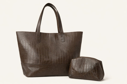 Addis Tote Bag – Handmade Dark Brown Croc-Embossed Ethiopian Leather with Matching Pouch – Scandinavian Design – Qoda
